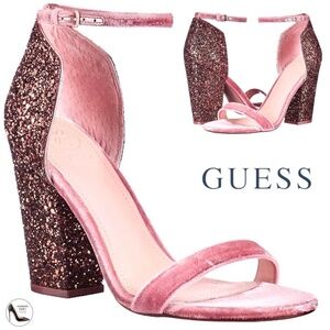 GUESS BamBam Glittery Pink Block-Heel Dress Pumps Open Toe Ankle Strap Sandals 9